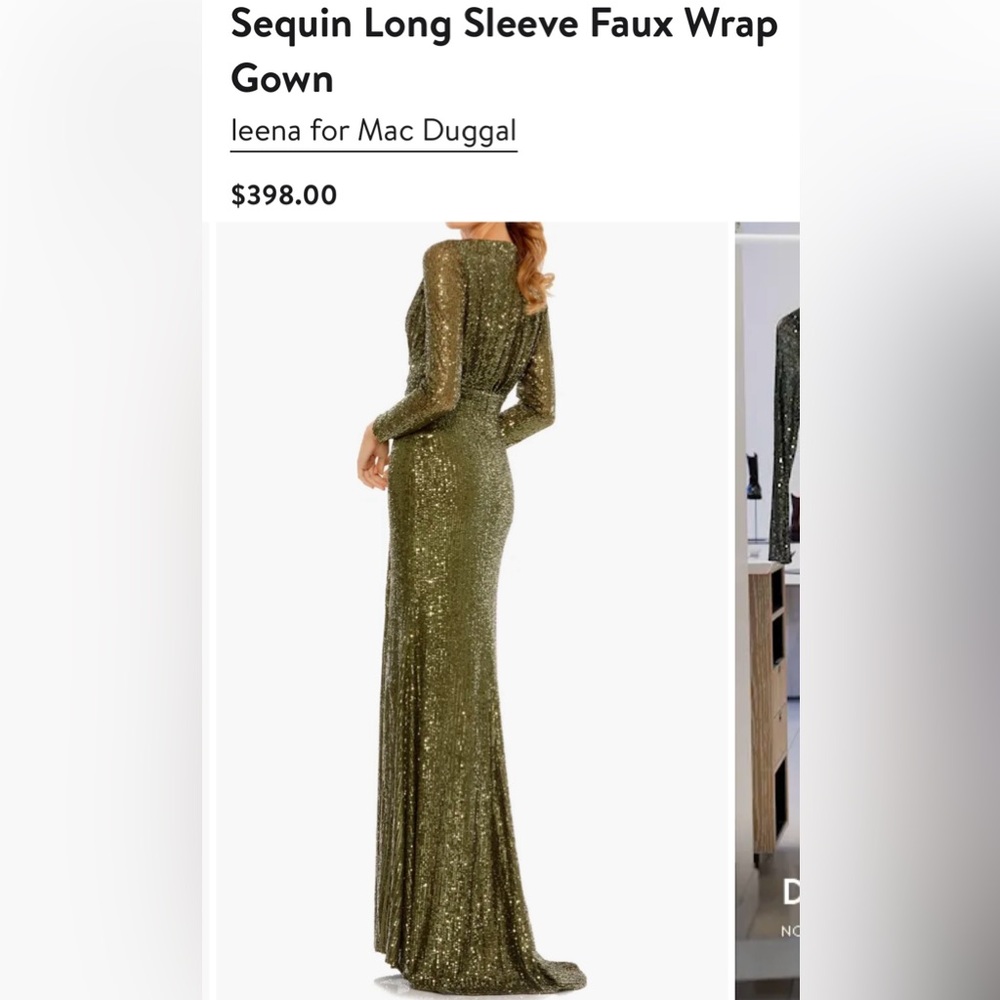 Mac Duggal Olive Sequin Long Sleeve Faux Wrap Gown